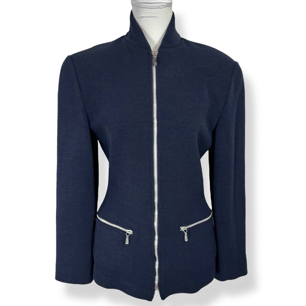 Vintage Ellen Tracey Knit Blazer Jacket Size 2 Blue Wool Blend Tailored Full Zip